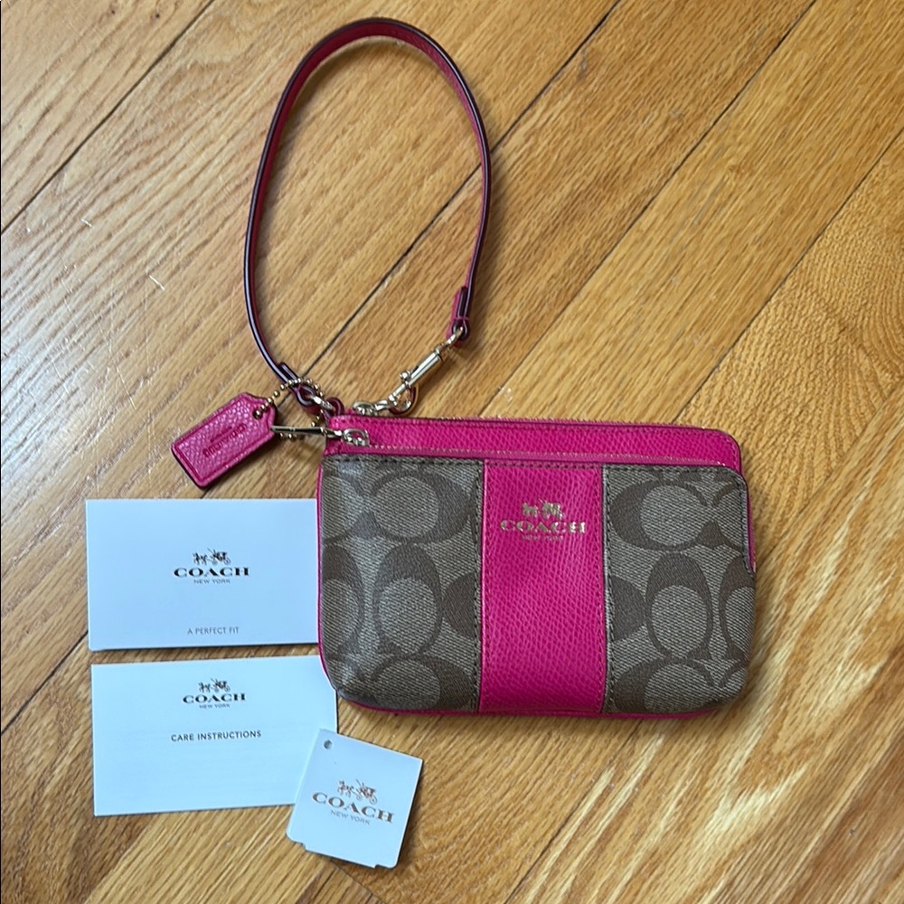 Coach Signature Pink and Brown Wristlet
